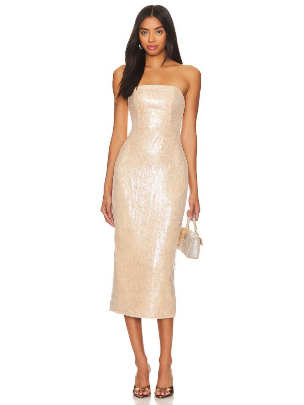 MILLY x REVOLVE Kait Gold Sequin Strapless Midi Dress Size 12